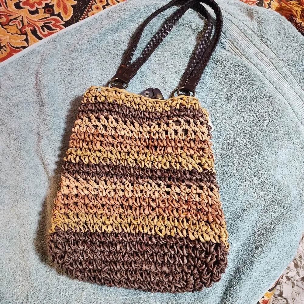 Womens Woven Corn Husk Purse Handbag Tote Beach Straw 14x12 Braided Strap Snap